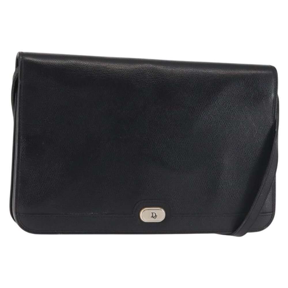 Authentic Christian Dior Shoulder Bag Leather Black Gold